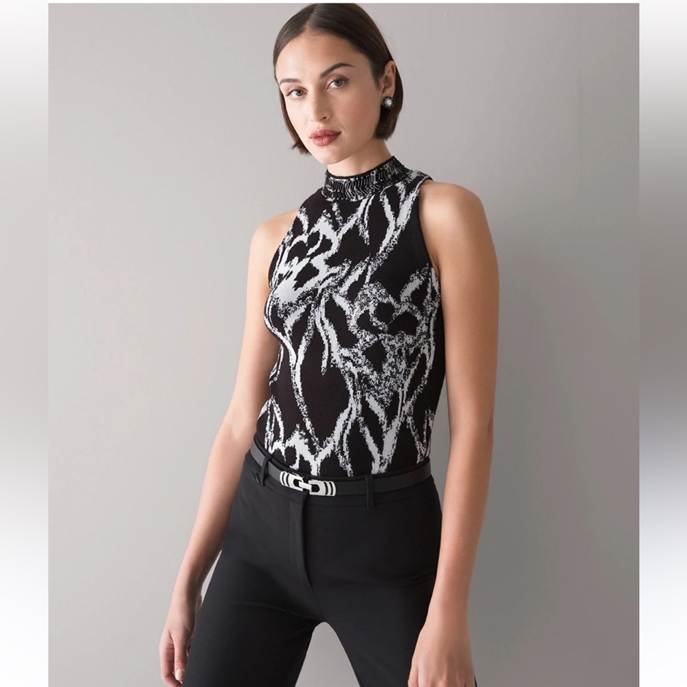 New White House Black Market Black/White Knit Beaded Brushed Halter Top Womens S